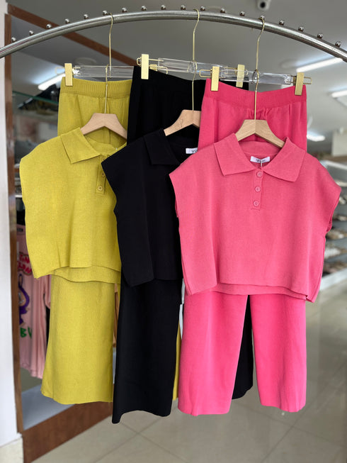 Casual Collar Down Crop Top With Loose Wide Trousers Sets